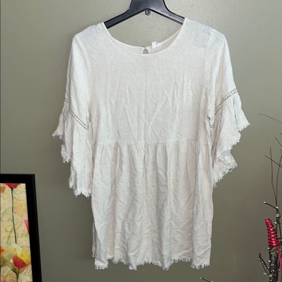 EUC LARGE PINK BLUSH BEIGE RAW EDGE BELL SLEEVE BABYDOLL LINEN MATERNITY DRESS - Picture 2 of 12